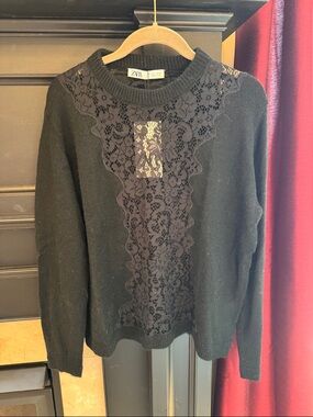 Zara Black Lace-Panel Crew Neck Sweater